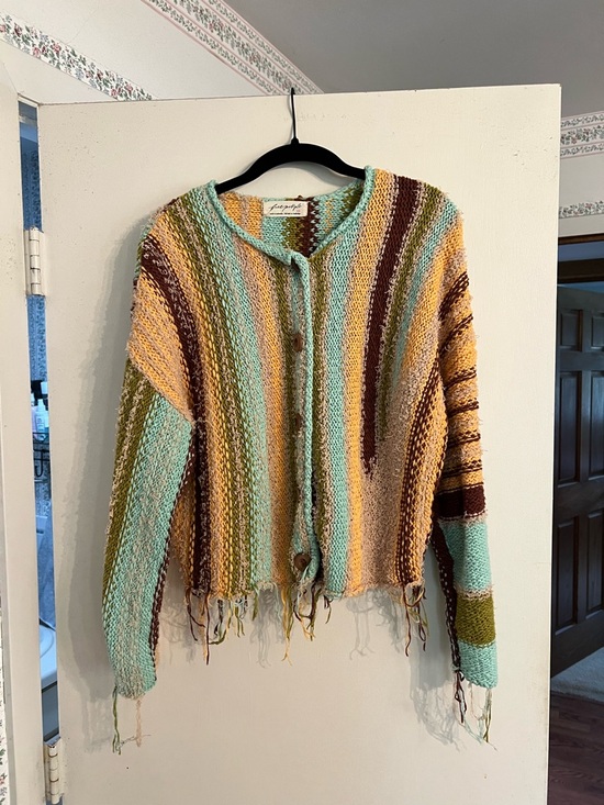 Free People Sweaters - Free People Striped Hand-Knit Cropped Cardigan in Mint, Mustard & Brown